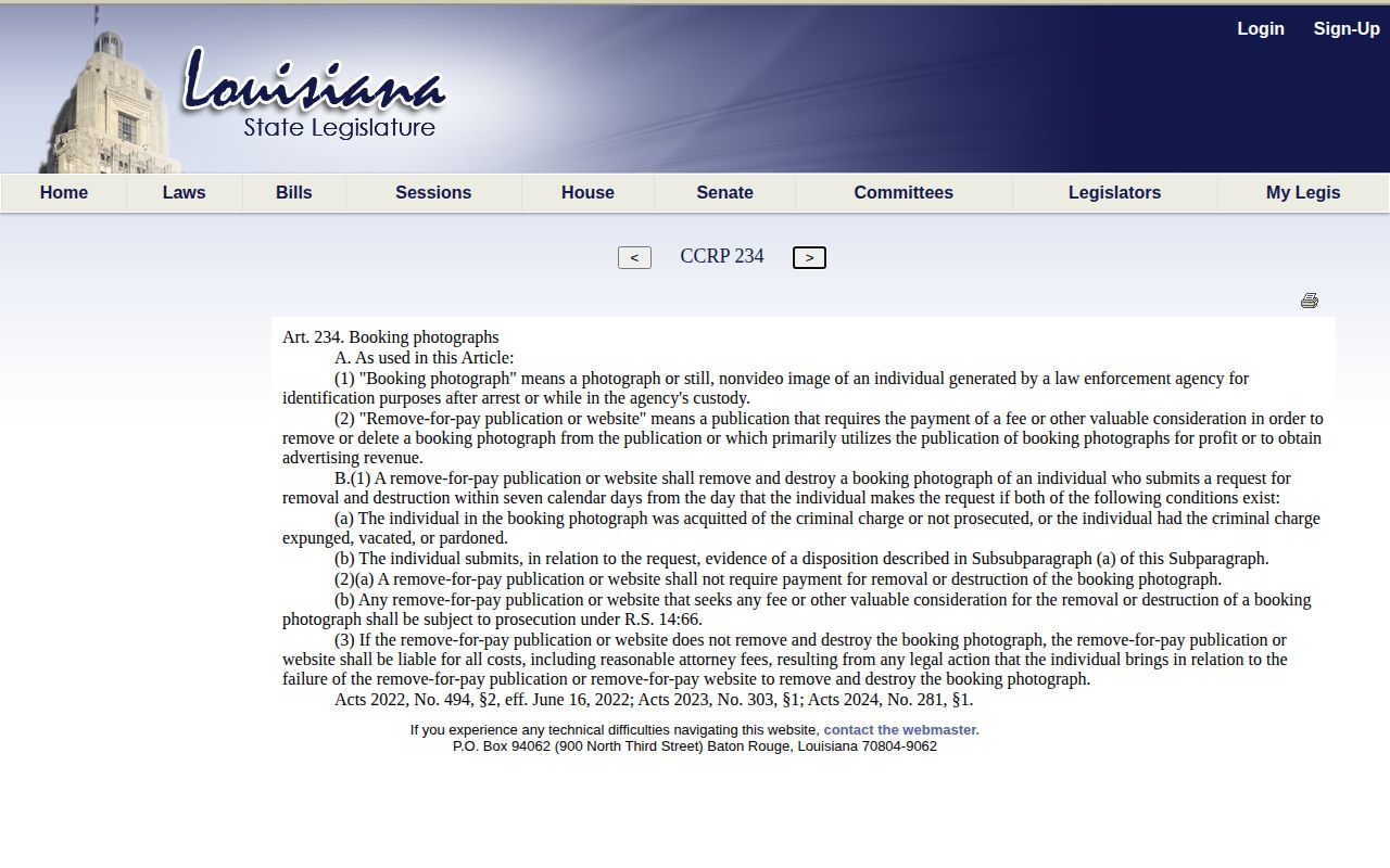 Louisiana article 234 law for Washington Parish booking photographs